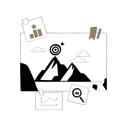 Illustration of a mountain with a target and arrow at its peak. Surrounding the image are charts and graphs, symbolizing business goals, achievement, and data analysis.