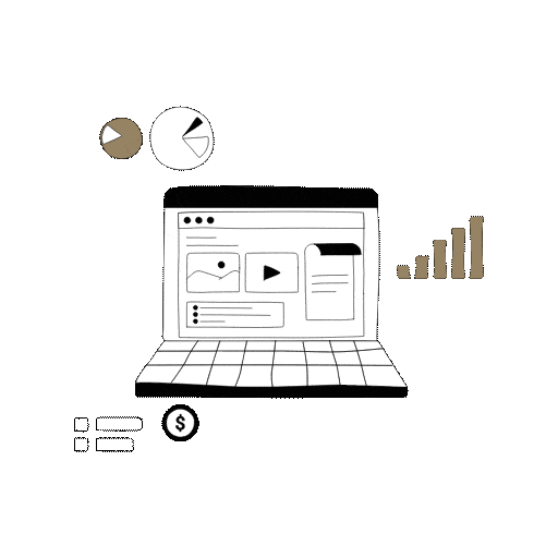 Illustration of a laptop displaying web pages and multimedia icons, with surrounding elements like pie charts, a dollar sign, and a bar graph, symbolizing online business or digital marketing concepts.