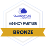 Hexagonal badge with the Cloudways logo, text Cloudways Agency Partner, and a bronze ribbon labeled Bronze at the bottom, indicating a Bronze partnership level.