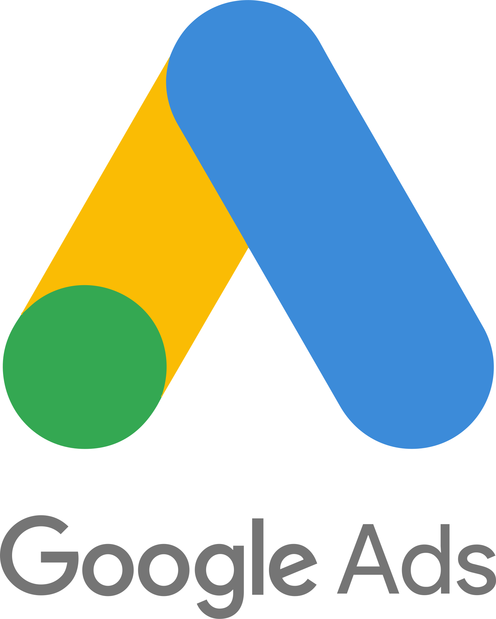 Google Ads logo featuring a stylized A shape with a blue bar, a yellow bar, and a green circle, above the text Google Ads in gray.