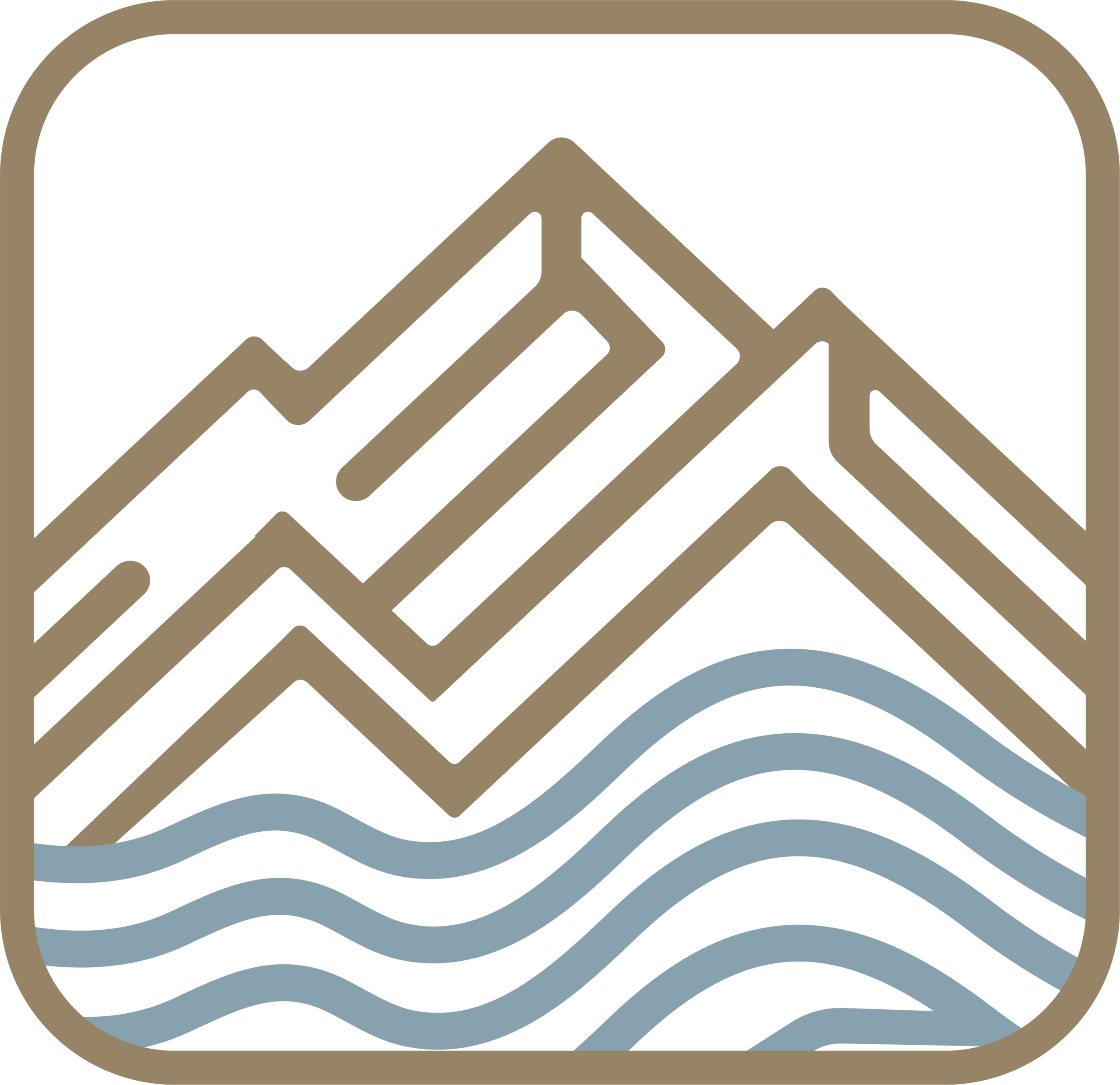 Basecamp Studios Logo. A minimalist icon of brown mountains with zigzag lines and blue wavy lines representing water in the foreground, all enclosed in a rounded square with a small white circle resembling the sun or moon.